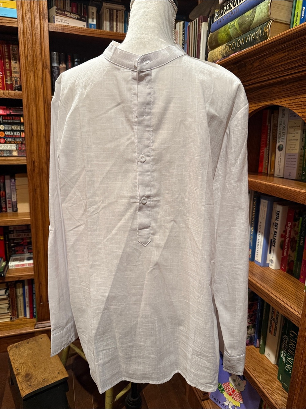 Lightweight White Cotton Tunic Shirt mandarin collar